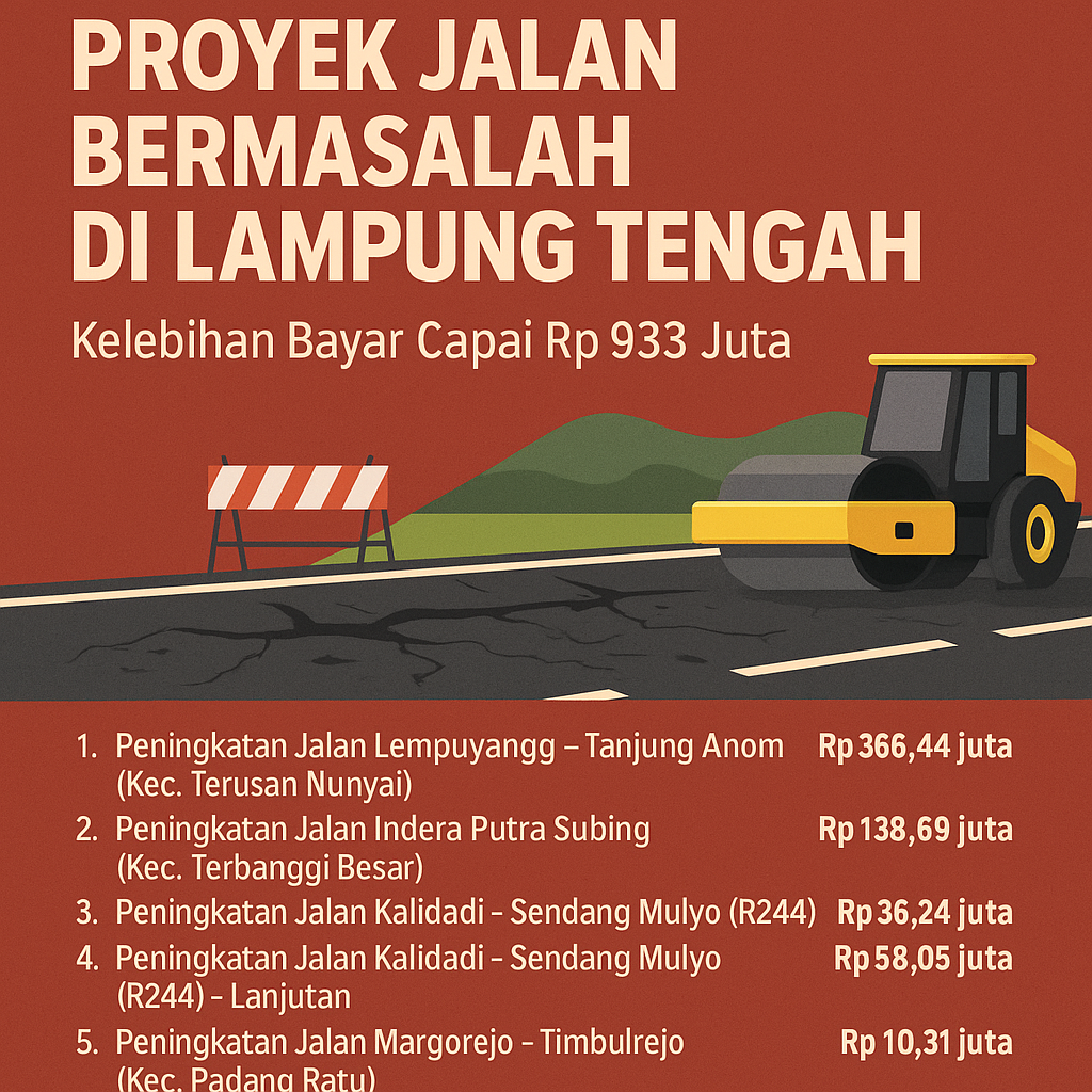 BPK Ungkap 8 Proyek Jalan Bermasalah di Lampung Tengah, Kelebihan Bayar Capai Rp933 Juta